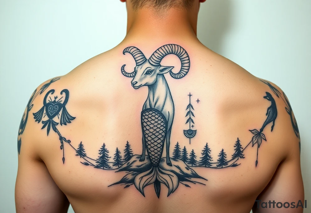 color tattoo, on the shoulder and forearm in the Neo-Traditional style: zodiac sign Aries, a majestic ram with horns curled upwards, a beautiful mermaid and a forest around with a starry sky tattoo idea