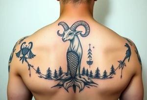 color tattoo, on the shoulder and forearm in the Neo-Traditional style: zodiac sign Aries, a majestic ram with horns curled upwards, a beautiful mermaid and a forest around with a starry sky tattoo idea