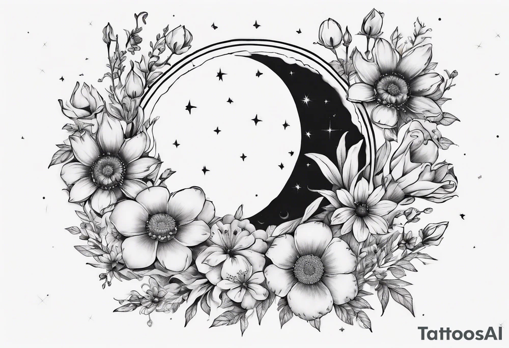 moon with flowers around it tattoo idea