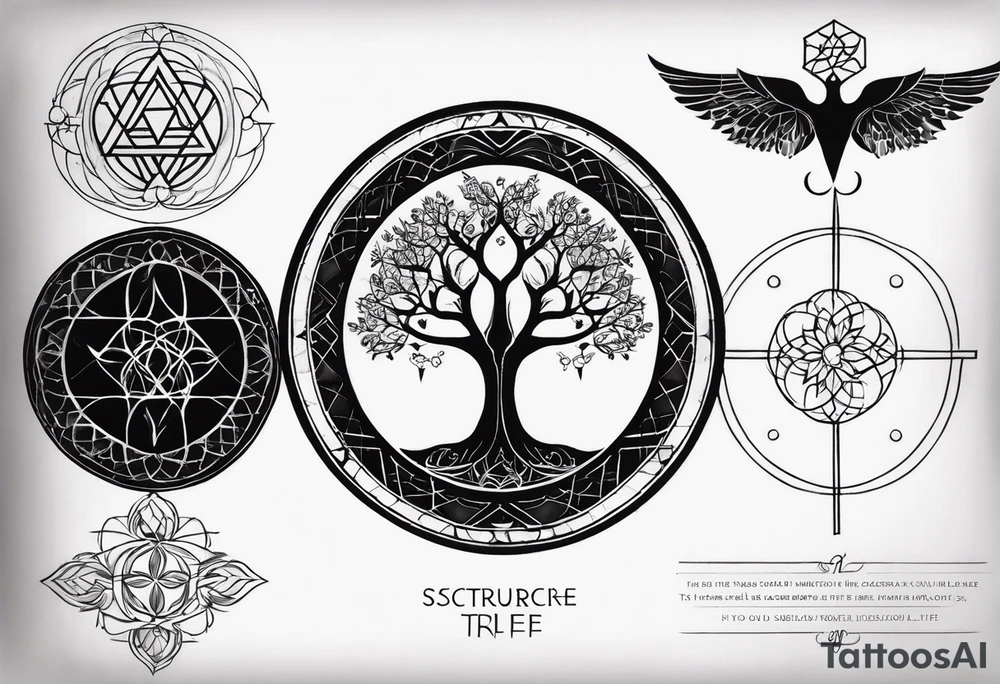 Preliminary Information: The structure of the tattoo design will start from the bottom and continue vertically. Use fine lines, black coloring and shading when needed, and microrealism style. 
The idea is to tell the story of my life. Start with the sacred geometry tree of life, with a modern style, to represent my birth. Then above it, an old cross, old boxing gloves hanging down, and the word “Obedience” in fine line writing tattoo idea