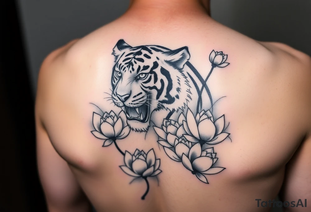 fierce tiger emerging through blooming lotus flowers in mist tattoo idea fierce tiger emerging through blooming lotus flowers in mist tattoo idea