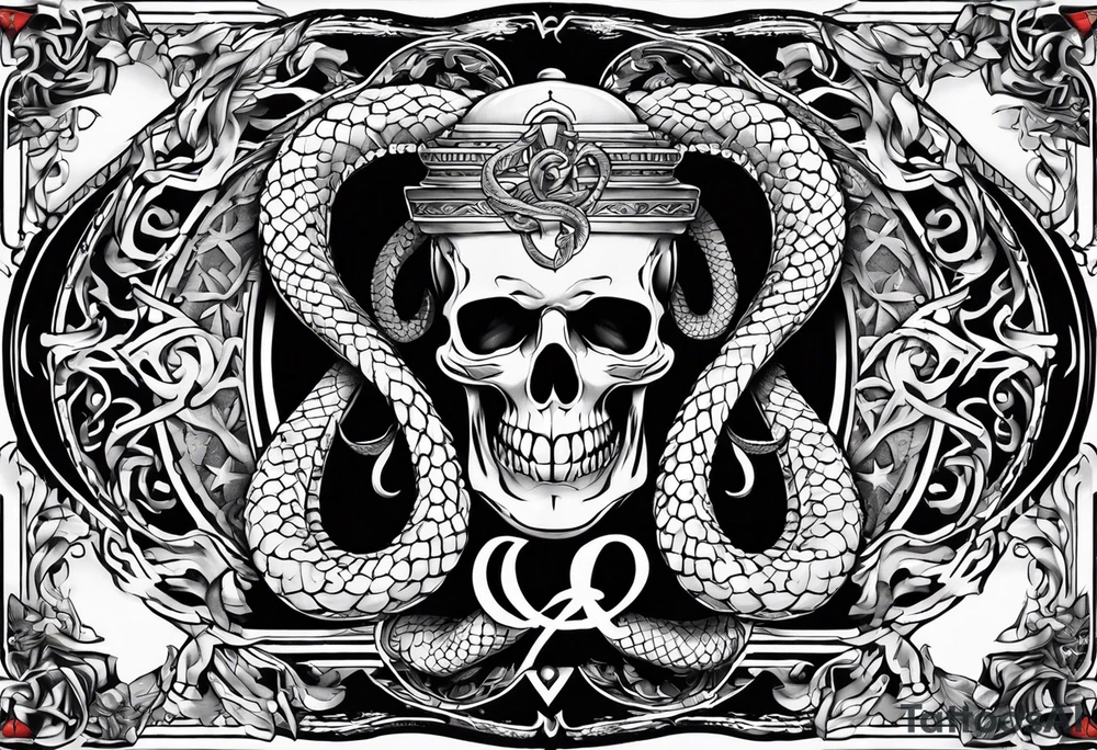 staff of caduceus snakes square and compass G tattoo idea