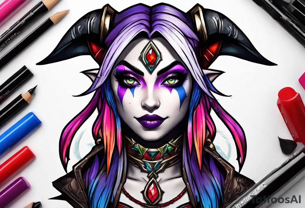 night elf from world of warcraft designed like harley quin tattoo idea