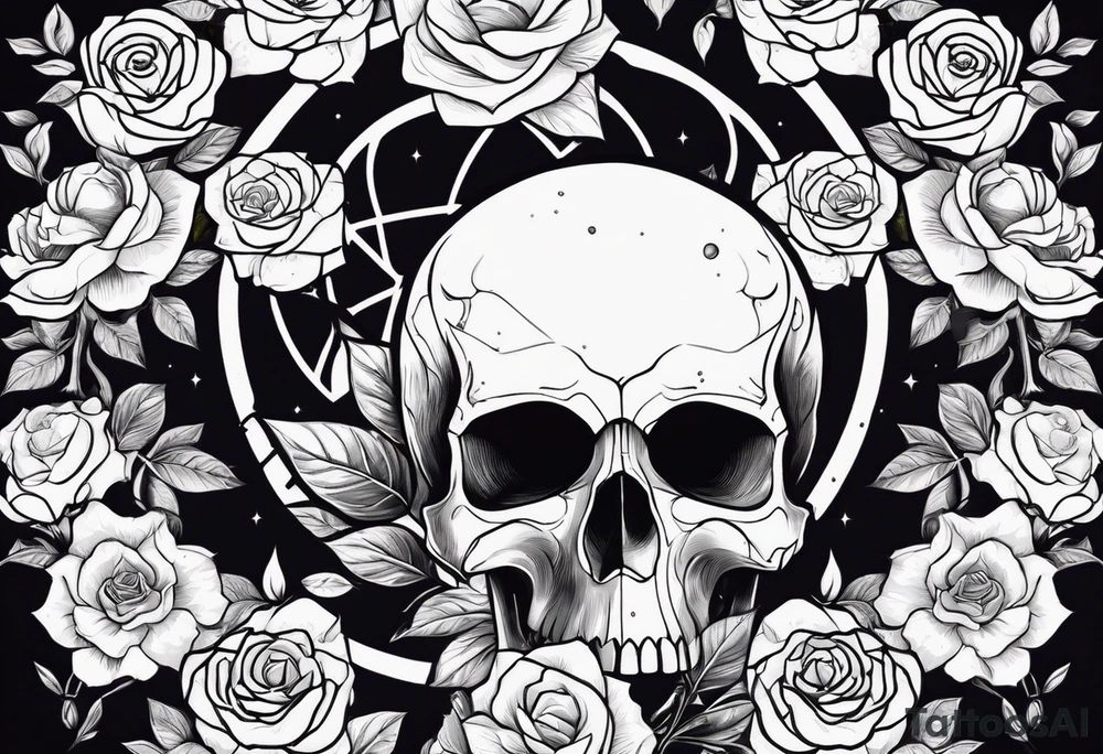 A skull in the middle surrounded by rose flowers dark theme tattoo idea