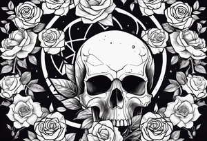 A skull in the middle surrounded by rose flowers dark theme tattoo idea