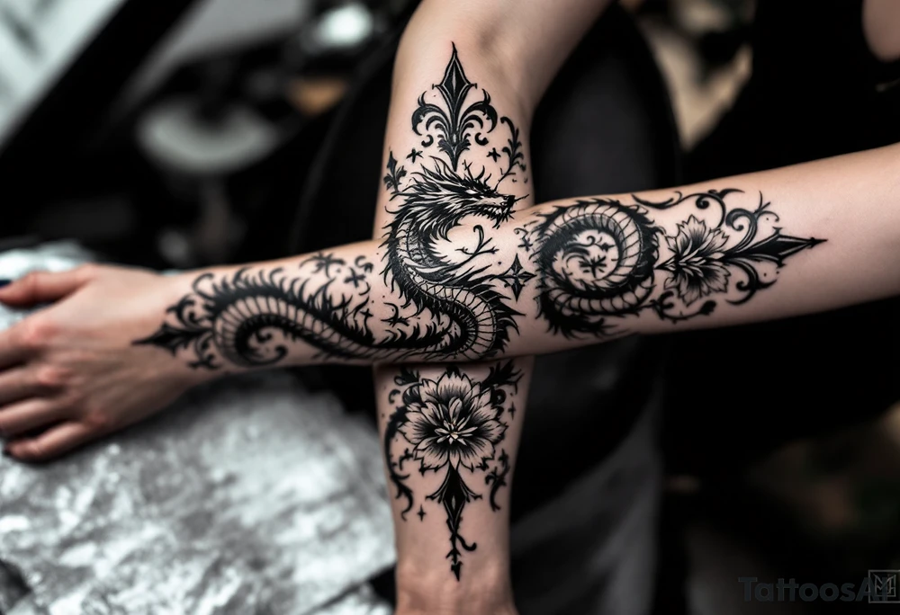 un dragon central entouré de fleurs de lys tattoo idea