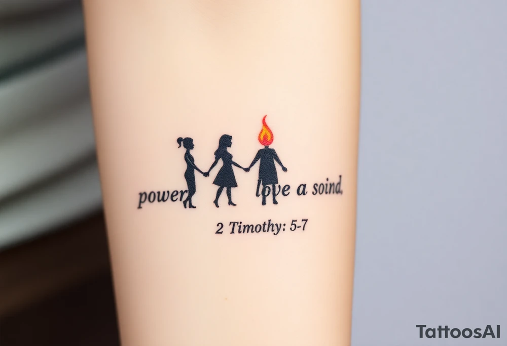 Silhouette of grandmother, mother and daughter passing a flame from oldest to youngest with the flame growing as it goes. Make the flame in watercolor motif and the silhouettes simple. Incorporate the words power, love and sound mind. Or 2 Timothy: 5-7 tattoo idea