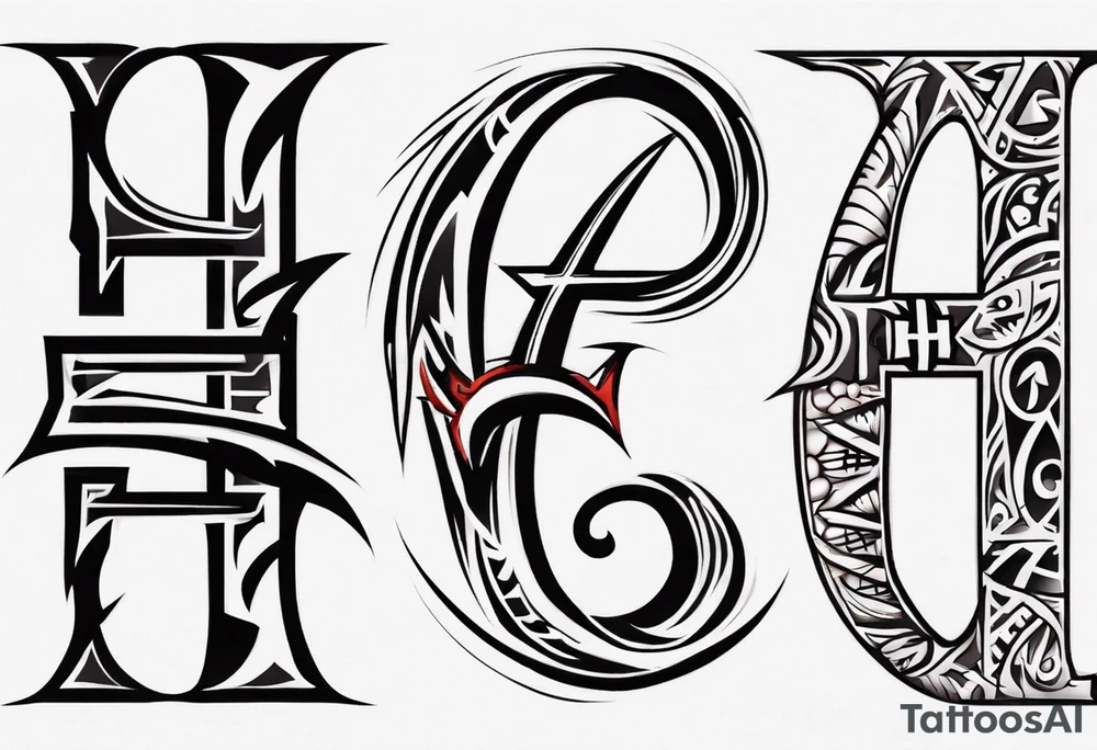 combine the letters E and H with tribal pattern tattoo idea