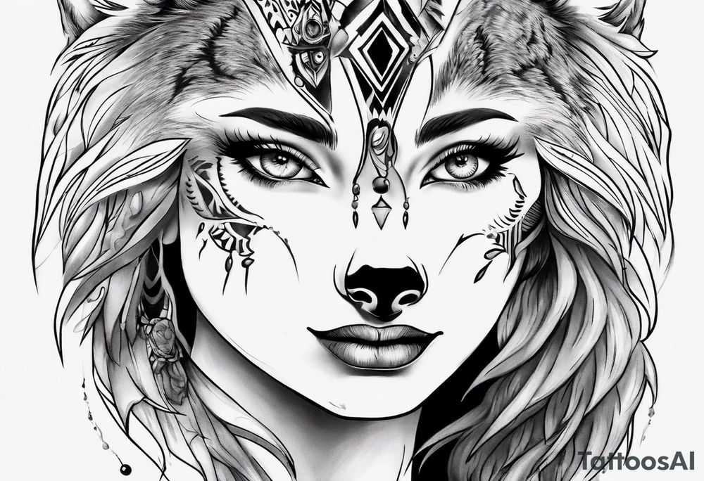 Wolf with woman eye tattoo idea