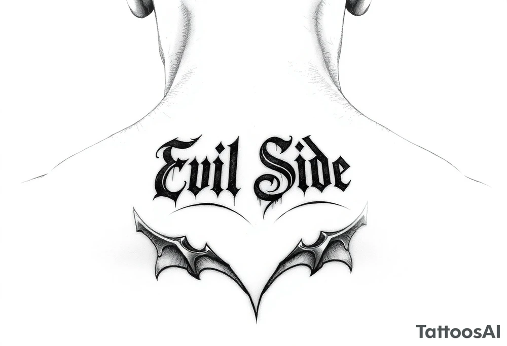 .saying Evil Side from ear to ear on front of neck. black and white . tattoo idea