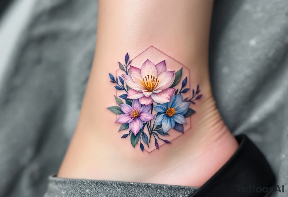 Leo, larkspur and water lily surrounded by a hexagon tattoo idea