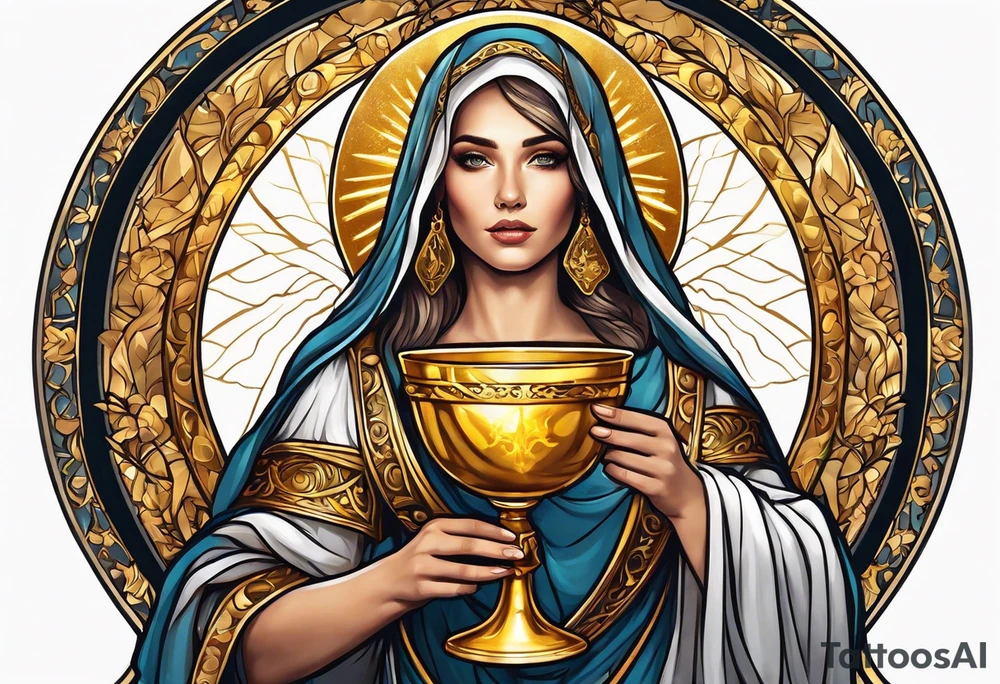 woman saint holding chalice surrounded by golden halo sideways tattoo idea