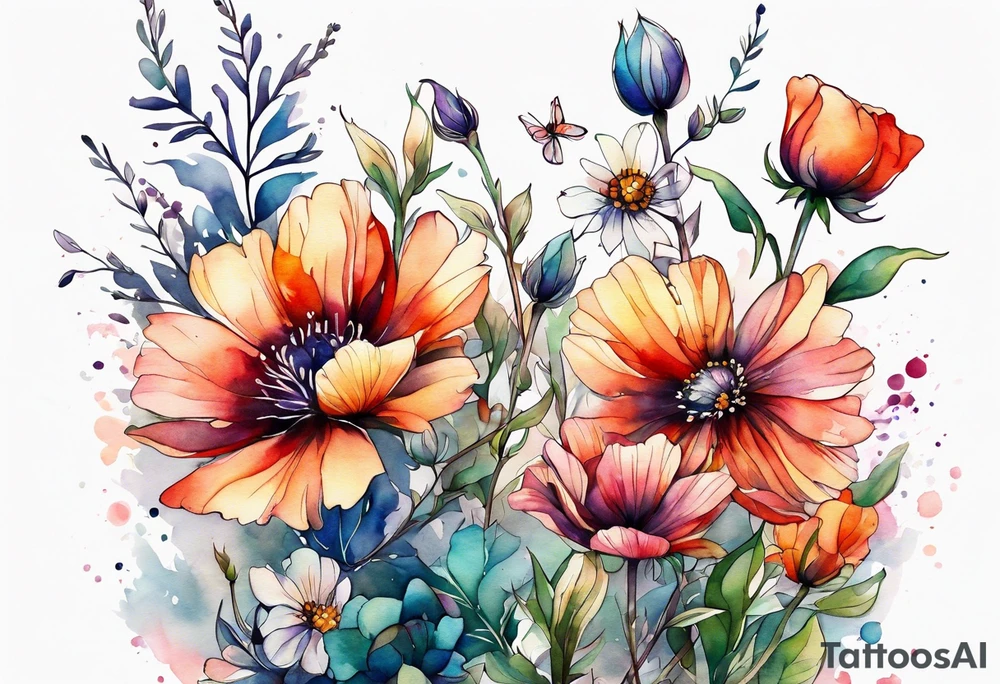 wild flowers long stems all watercolor tattoo idea