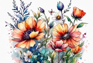 wild flowers long stems all watercolor tattoo idea