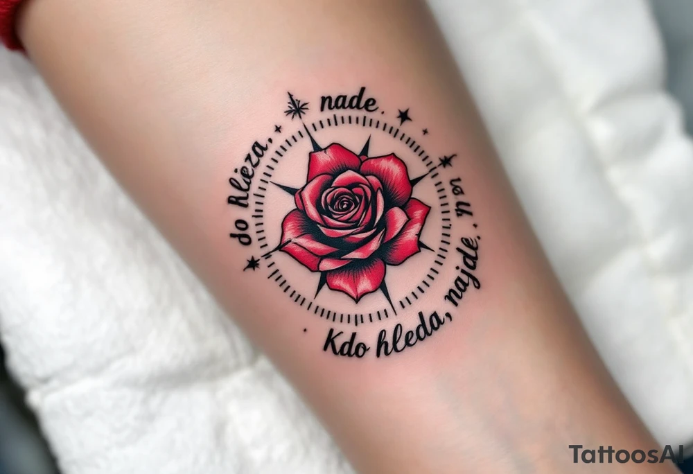 "Kdo hleda, najde." — A black compass with a crimson rose in the center, symbolizing the journey and discovery behind the words "Kdo hleda, najde" wrapped around the border. tattoo idea