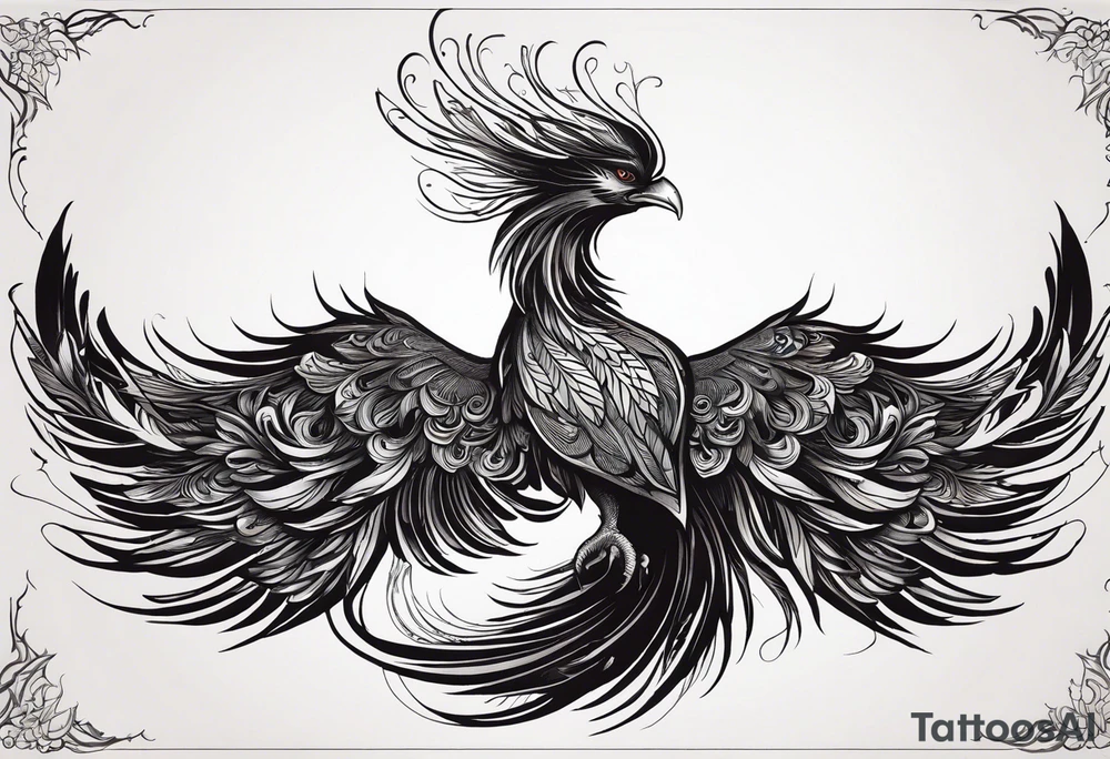 A majestic fire phoenix, rising powerfully with its wings spread wide and feathers flowing, representing rebirth and resilience. The phoenix is detailed with intricate feathers, creating a sense of movement and vitality. The design is bold, with deep shading and texture that adds dimension and intensity to its form. tattoo idea