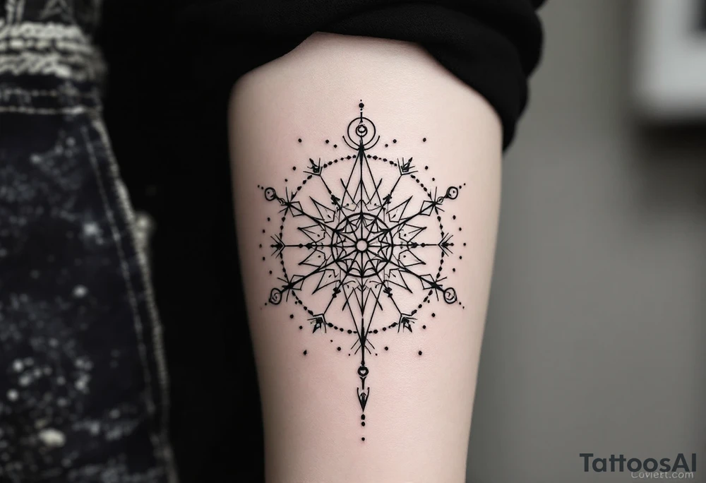 simple, minimalist tattoo, sacred geometry mandala, centerpiece design, dotwork patterns, radiating geometry, symmetrical mandala, geometric shapes, intricate dotwork, sacred patterns, mandala center, geometric radiating, fine line work, black grey shading, minimalist design, no outlines, arm placement, delicate linework, precise geometry, clean symmetry, sacred symbols, geometric precision, dotwork details, mandala focal point, refined patterns, understated complexity, geometric harmony, minimalist tattoo idea