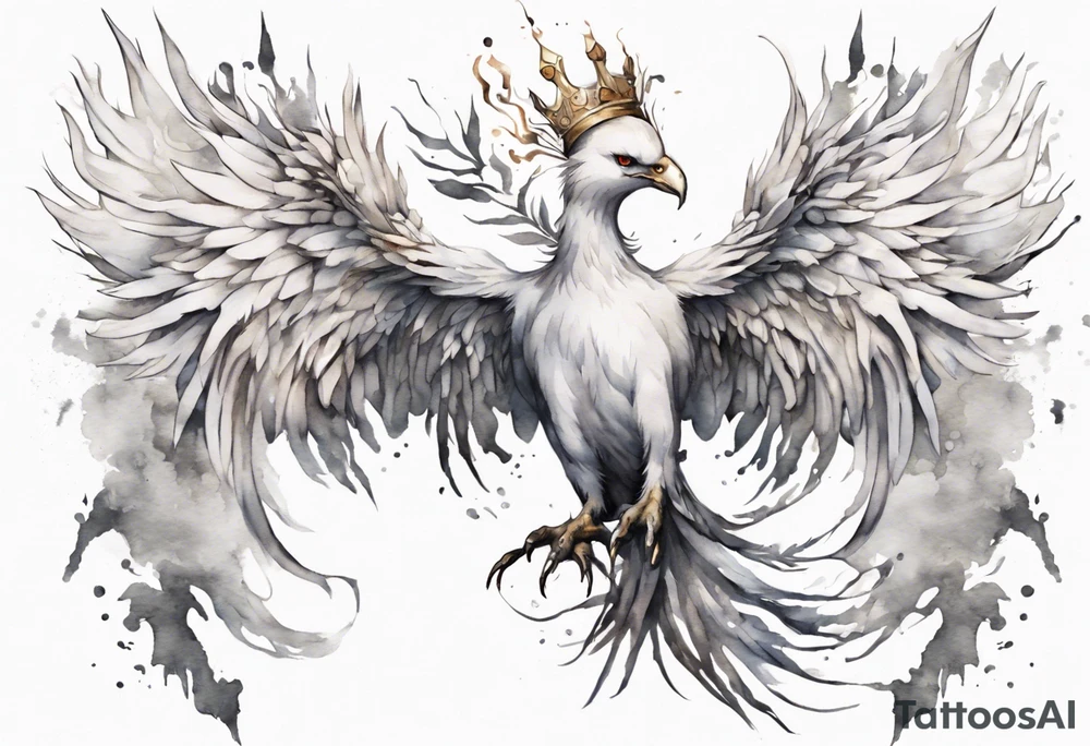a white phoenix wearing an iron crown tattoo idea