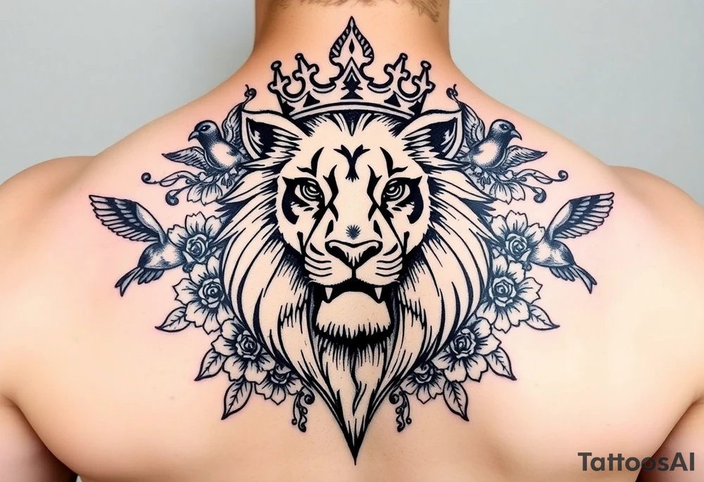 powerful majestic lion with a crown, surrounded by floral ornaments and birds tattoo idea