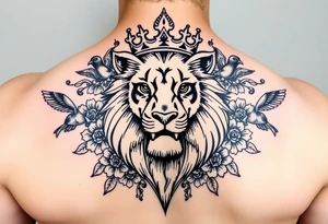 powerful majestic lion with a crown, surrounded by floral ornaments and birds tattoo idea