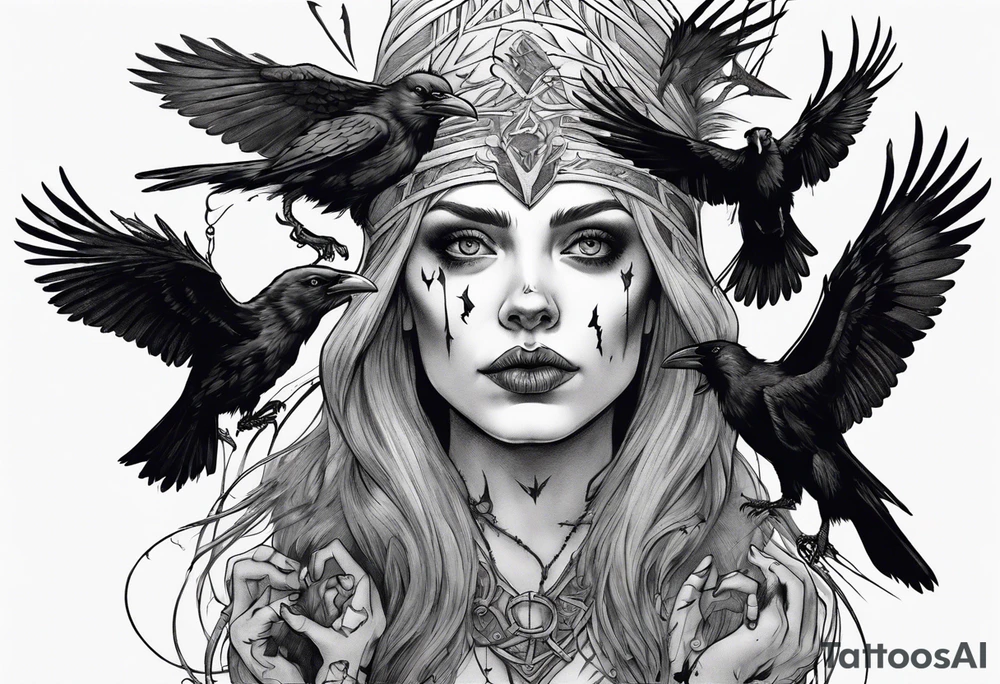 a norse witch with ravens in black and white tattoo idea