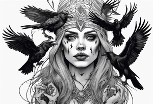 a norse witch with ravens in black and white tattoo idea