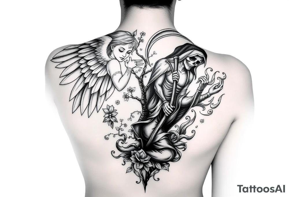 Forearm tattoo design. A stunning female figure, split down the middle vertically. One half is a beautiful, serene angel with large, soft wings, surrounded by a small, flourishing tree and delicate flowers. The other half is a menacing grim reaper or demon, holding a scythe, with fierce flames engulfing its side. Intricate, swirling patterns flow around both halves, blending the two sides. Realistic, highly detailed, black and grey tattoo style, strong contrast. tattoo idea