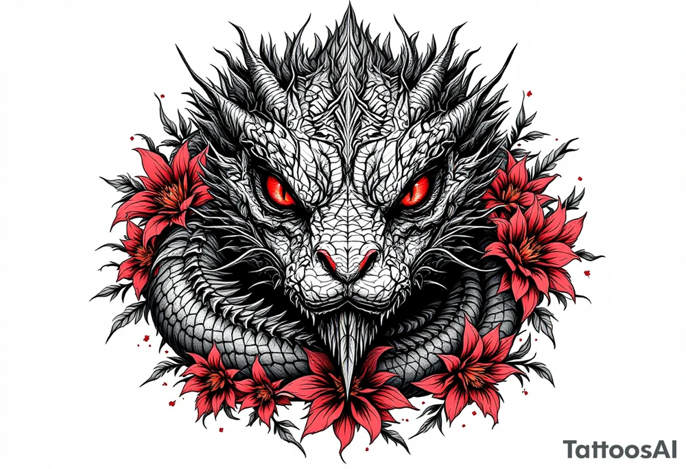 powerful majestic reptile with red eyes, surrounded by red floral ornaments tattoo idea