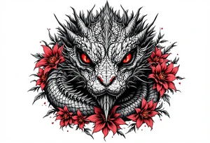 powerful majestic reptile with red eyes, surrounded by red floral ornaments tattoo idea
