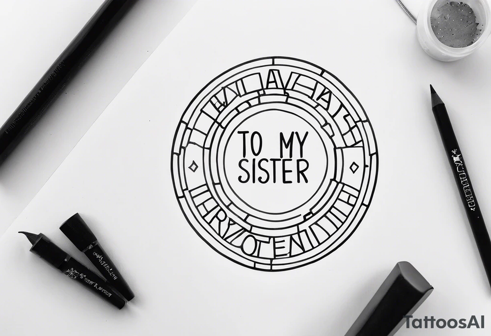 simple, thin line tattoo with the words "to my favorite sister" in a circle around a puzzle piece tattoo idea