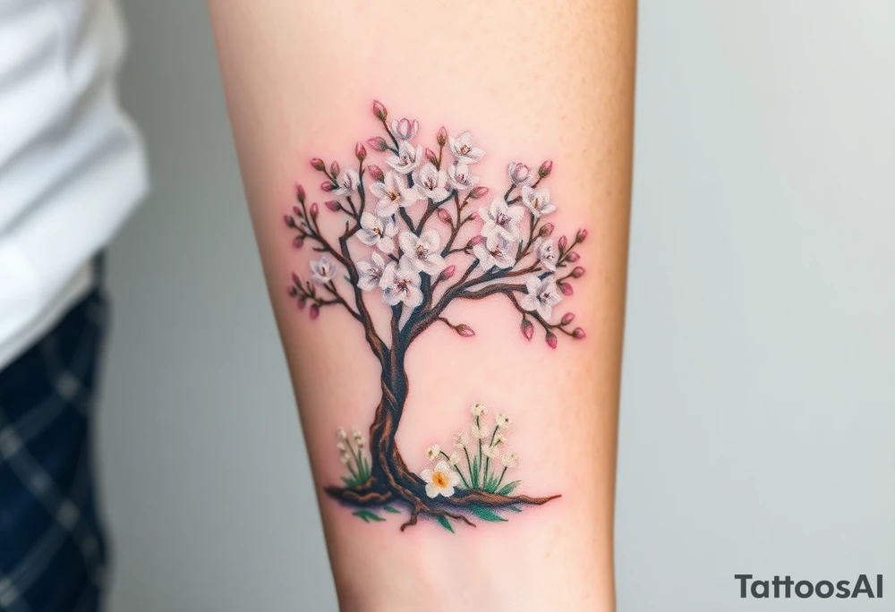 flowering hawthorn tree with white lilly of the vally plants on ground tattoo idea