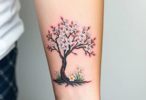 flowering hawthorn tree with white lilly of the vally plants on ground tattoo idea
