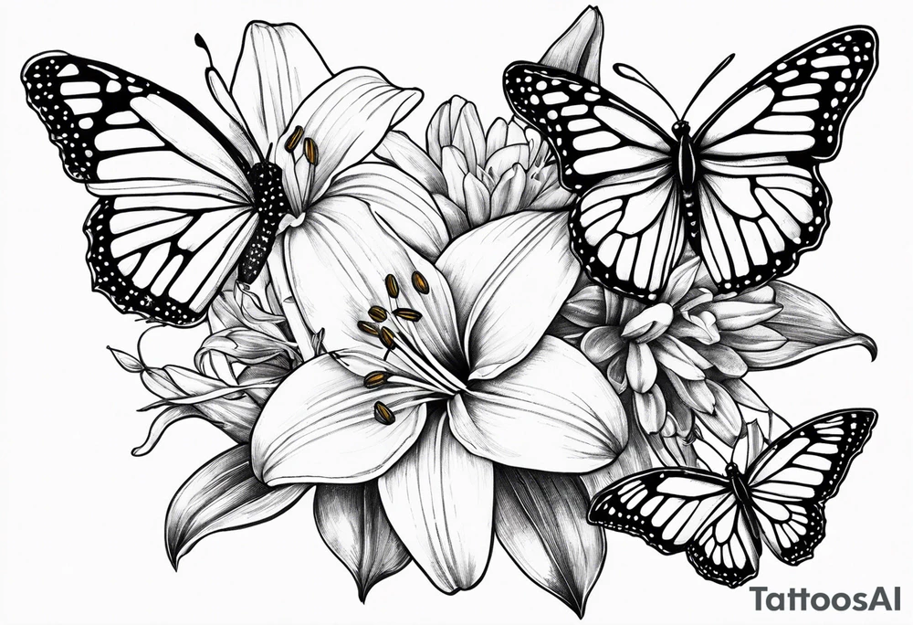 Fine line
lily daisy and daffodil bouquet with butterfly 6-8 inches bi tattoo idea