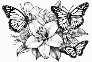 Fine line 
lily daisy and daffodil bouquet with butterfly 6-8 inches bi tattoo idea