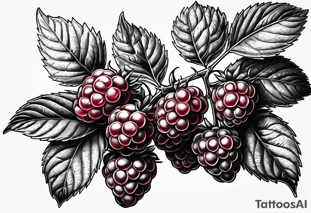 a single raspberry branch with lots of leaves that is hanging upside down with small raspberries on it tattoo idea
