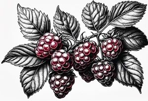 a single raspberry branch with lots of leaves that is hanging upside down with small raspberries on it tattoo idea