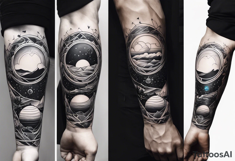 male tattoo on the arm, a drawing symbolizing the balance of life spheres, consisting of images of these spheres tattoo idea