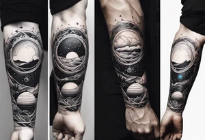 male tattoo on the arm, a drawing symbolizing the balance of life spheres, consisting of images of these spheres tattoo idea