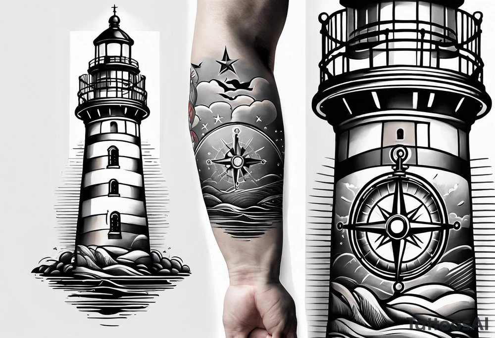 old school lighthouse and a compass to wrap around forearm tattoo idea old school lighthouse and a compass to wrap around forearm tattoo idea