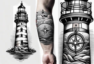 old school lighthouse and a compass to wrap around forearm tattoo idea