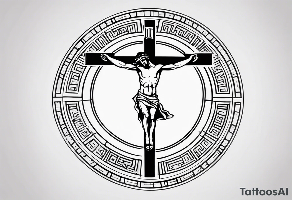Crucified man inside a circle of Roman numerals tattoo idea