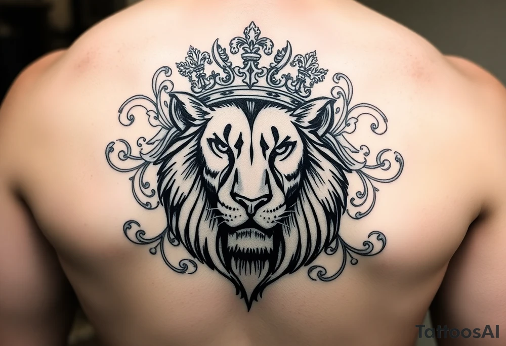 majestic lion wearing ornate crown, surrounded by baroque flourishes tattoo idea
