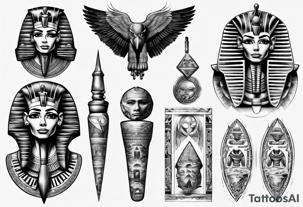 Egyptian full sleeve realistic tattoo idea