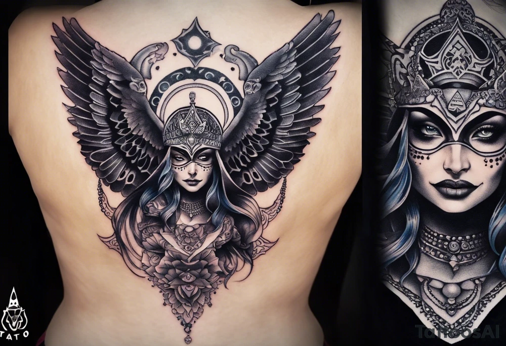 black kali, goddess pirate, alien, angel, pachamama, valkrye, warrior, flying, skull, lotus azul, wing, eagle, zenza resonance, stars, 5D, anahata chakra, death, durga, riding on a tiger, flying lady, chest tatoo tattoo idea
