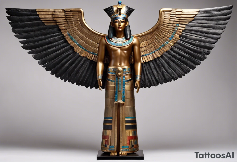 Wings: The figure has huge, extended wings that are decorated with feathers. The curve of the wings is elegant and symmetrical.

Headdress: On his head is a special headdress that resembles an Egyptian-style crown.

Clothing: The figure wears elaborate clothing decorated with geometric patterns, which refers to the characteristics of Egyptian art.

Position: The deity is depicted in a seated position with legs bent and hands resting on the outer parts of the wings as if supporting the wings with outstretched arms. tattoo idea