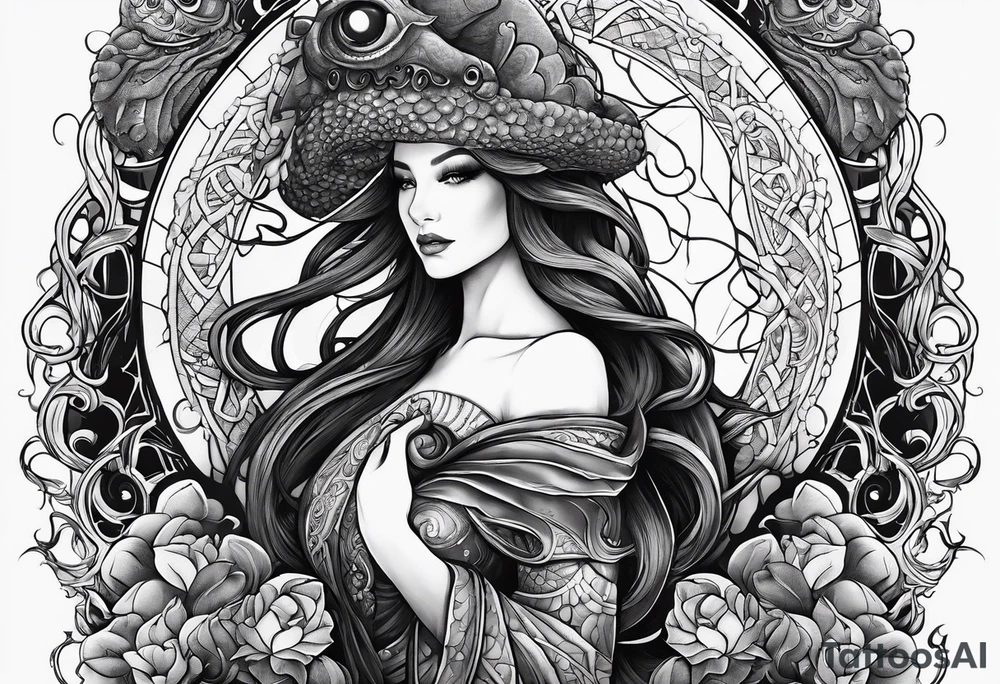 Vertical full sleeve. Lovecraftian creature, protecting a token of love. tattoo idea