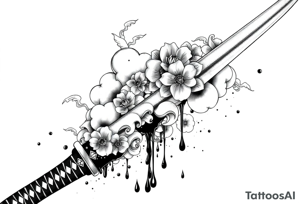 Japanese Katana with flowers clouds and blood on the blade tattoo idea