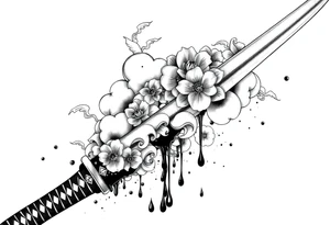 Japanese Katana with flowers clouds and blood on the blade tattoo idea