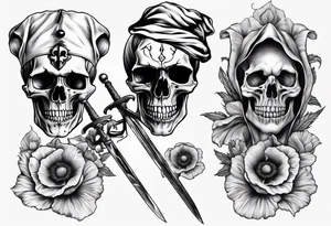 Skull Jester holding sword and poppy tattoo idea