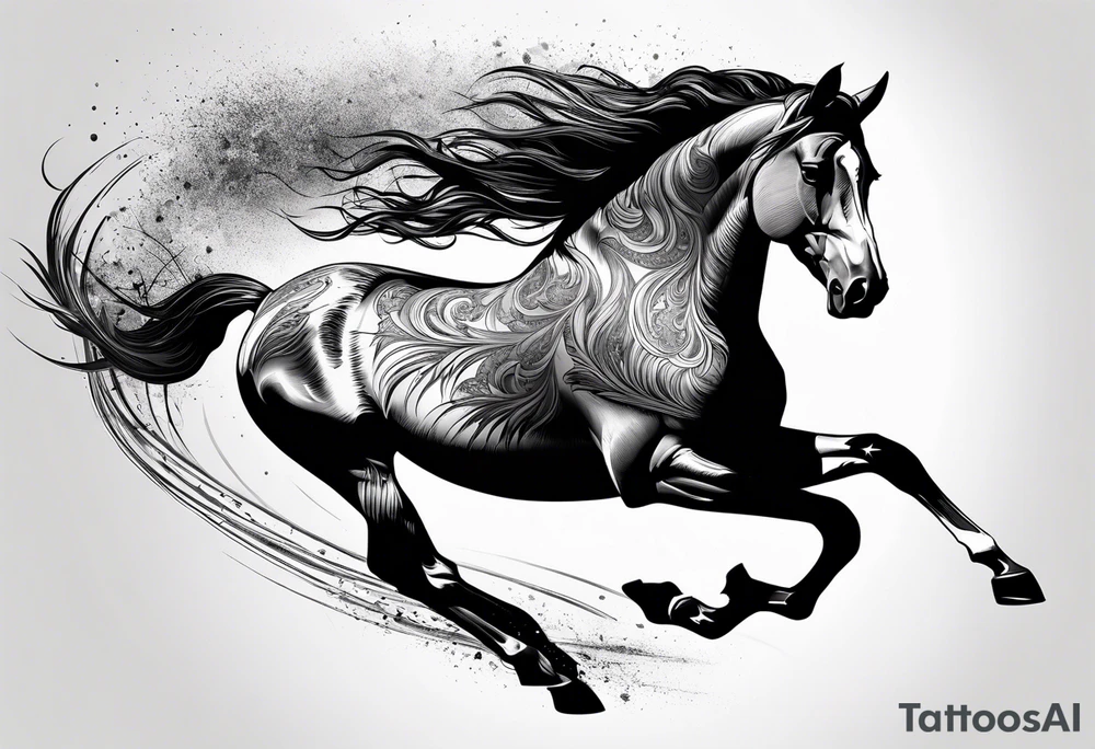 Mustang horse running along blood stomping tattoo idea